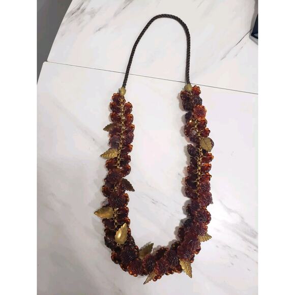 Vintage Celluloid Plastic Faux Tortoise Shell Leaf Flower Bloom Bead Necklace - Picture 6 of 9